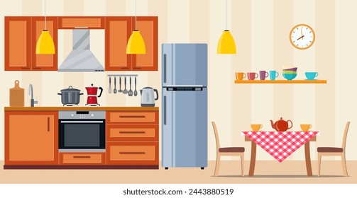 Modern kitchen interior with furniture and cooking devices. graphic design template. Working surface for cooking. vector illustration in flat design