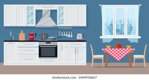 Moderno interior de cocina con muebles y utensilios de cocina. Plantilla de Diseño gráfico. Superficie de trabajo para cocinar. Ilustración vectorial en diseño plano