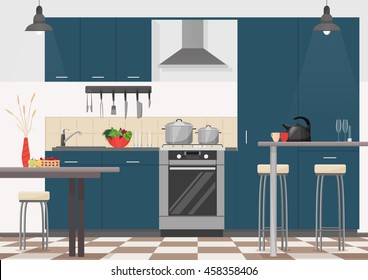 Interior da cozinha moderna com móveis e dispositivos de cozinha. Desenhos animados design plano realista da cozinha