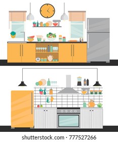 Modern kitchen interior with furniture and cooking devices. Cartoon realistic flat design of kitchen. Vector illustration