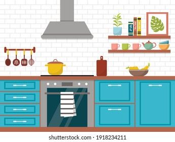 Moderno interior de cocina con muebles. Acogedor interior de cocina con fogones, capó de escape y utensilios. Ilustración vectorial en un estilo plano.