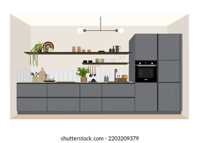 Modern kitchen interior. Kitchen with furniture, cupboard, fridge, stove, sink, microwave and shelf. Modules for domestic room for designing. Working surface for cooking. Stock vector Illustration