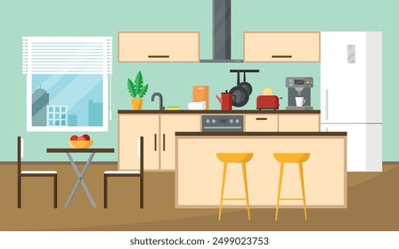 Modern kitchen interior with furniture and equipment. Vector illustration in cartoon style.