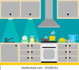 Modern kitchen interior with furniture and household equipment poster vector illustration