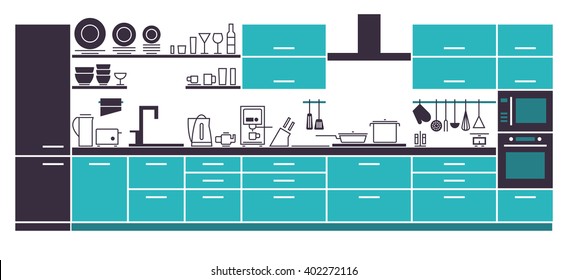 Modern Kitchen Interior Furniture Layout. Vector Kitchen Interior Layout. Vector Illustration of Morden Kitchen Furniture and Household Equipment in Line Style.