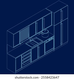 Modern kitchen interior with furniture in linear style. Architectural sketch dining room with utensil tool equipment and household appliances. Blue contour lines. Isometric view. Vector illustration