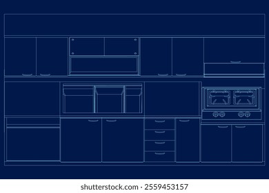 Modern kitchen interior with furniture in linear style. Architectural sketch dining room with utensil tool equipment and household appliances. Hand draw blue contour lines. Front view