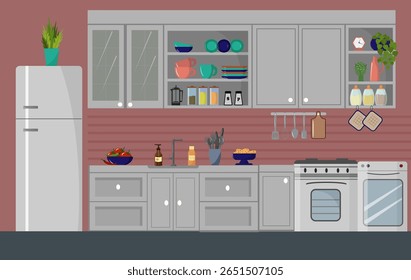 Interior de cozinha moderna com móveis. Frigorífico e fogão, pia e máquina de lavar louça. Prateleiras com pratos e especiarias. Plantas decorativas e figurinos para aconchego. Conceito de design de cozinha. Vetor.