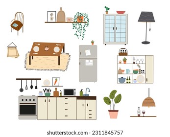 Modern kitchen interior. Kitchen furniture, utensils, decoration and cooking appliances. Vector illustration