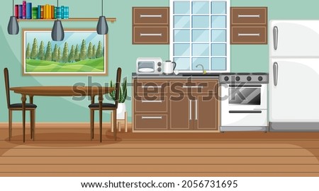 Modern kitchen interior with green wall and furniture illustration