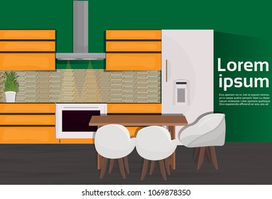 Modern Kitchen Interior House Room With Cooking Appliances And Furniture