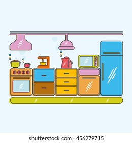 Modern Kitchen interior. Household items and appliances. Vector elements for infographic. 