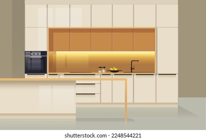 Modern Kitchen interior with island front view realistic flat vector illustration. Beige kitchen cabinets and bar counter.
