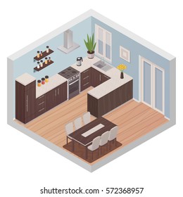 Modern kitchen interior isometric design concept with cooking zone and dining zone for six persons flat vector illustration 