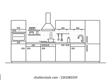 Modern kitchen interior line art vector illustration with tiled wall and cooking utensils