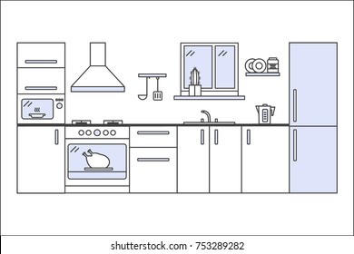 Modern kitchen interior in linear flat style. Kitchen furniture and utensil tool equipment. Vector illustration.