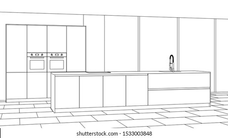 Modern kitchen interior. Linear sketch of the interior.