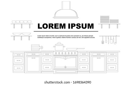 Modernes KüchenInterieur in linearer Konturküche mit Möbeln und Utensilien für die Werbung Flyer Design flache Vektorillustration Illustration