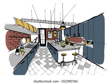 Modern kitchen interior in loft style. Hand drawn colorful illustration.