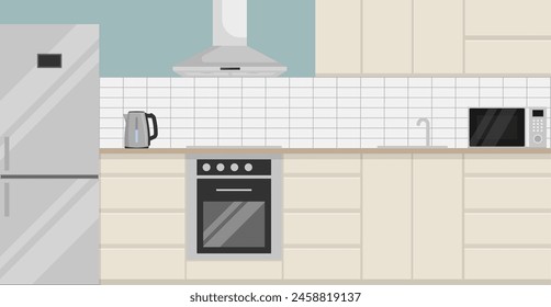 Interior de cocina moderna en diseño minimalista. Ilustración vectorial. Eps 10.