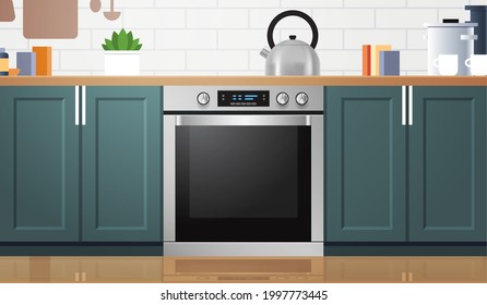 modern kitchen interior with new oven home appliance concept horizontal