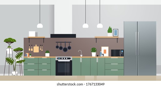 modern kitchen interior with new refrigerator oven and microvawe home appliances concept horizontal vector illustration