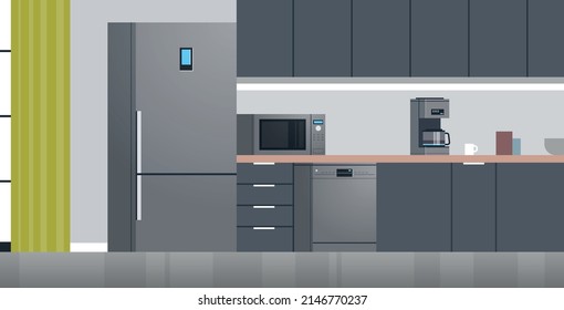 Moderno interior de cocina para personas y electrodomésticos concepto de diseño plano.