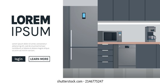 Moderno interior de cocina en uso para personas y electrodomésticos web página web de diseño plano.
