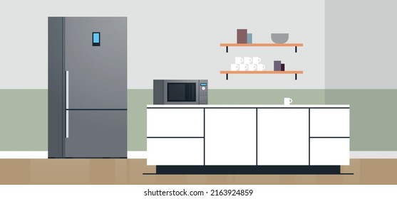 Modern Kitchen Interior No People And Home Appliances Concept Flat Design Illustration.