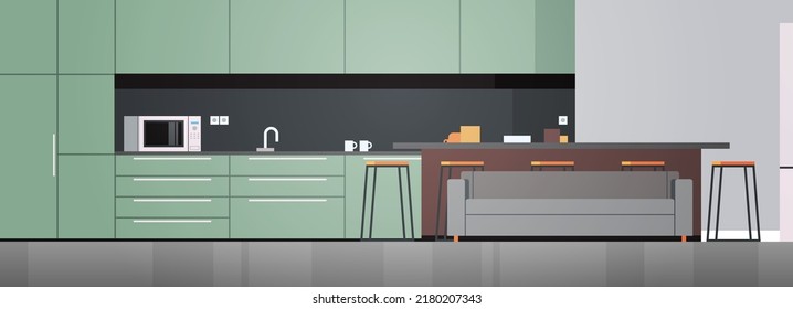 Modern Kitchen Interior No People And Home Appliances Concept Flat Design Illustration.