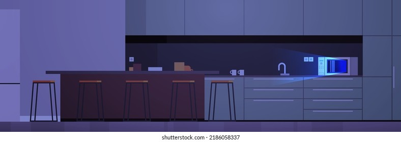 Modern Kitchen Interior No People And Home Appliances Dark Night Concept Flat Design Illustration.