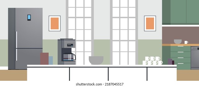 Modern Kitchen Interior No People And Home Appliances Concept Flat Design Illustration.