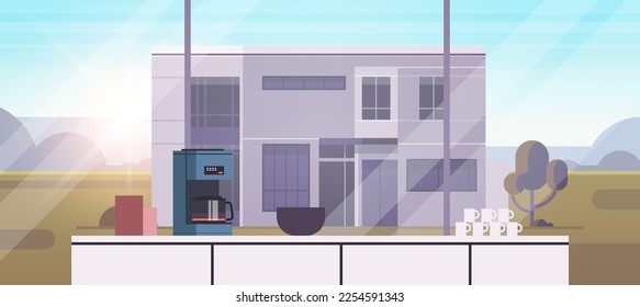 Modern kitchen interior no people and house building exterior urban building facade horizontal design horizontal flat vector illustration.