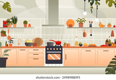 Modern kitchen interior with plants cooking utensils stove and cabinets cozy home decor