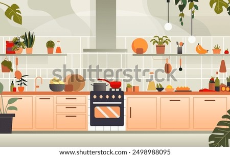 Modern kitchen interior with plants cooking utensils stove and cabinets cozy home decor