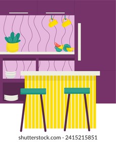 Modern kitchen interior with purple walls and yellow striped bar counter. Vector kitchen design with pendant lights and decorative plants. Home decor and stylish furniture vector illustration.