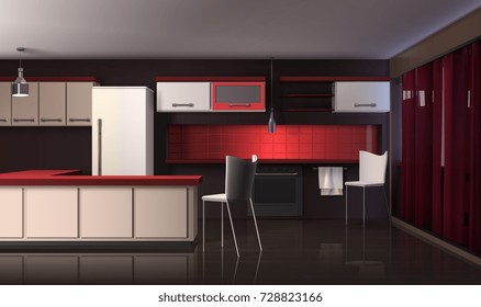 Modern kitchen interior realistic design composition with black red and white shelves fridge with designer furniture vector illustration