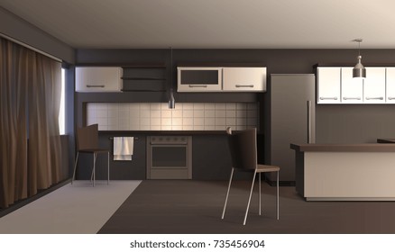 Modern kitchen interior realistic design composition with dark coloured furniture carpet and curtain with shadows vector illustration