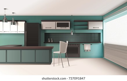 Modern kitchen interior realistic design with turquoise colored walls venetian blinds baking oven and hanging lamps vector illustration