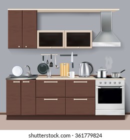 Modern kitchen interior in realistic style with cabinets shelves utensils oven and cooker hood realistic vector illustration   