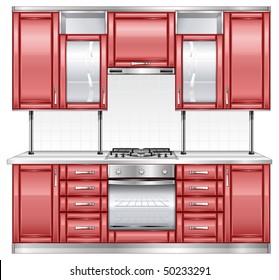 Modern kitchen interior in red color, vector illustration