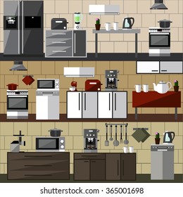 Modern kitchen interior set. Vector illustration in flat style design. Design elements and icons: utensils, tools, microwave, pot, fridge, oven. Room furniture.