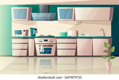 Modern kitchen interior with special equipment. Microwave, oven, range hood, toaster, hob, toaster, kettle and potted flower on the floor. Cartoon vector illustration.