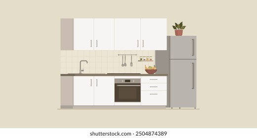 Modern kitchen interior with utensils and appliances, isolated room interior