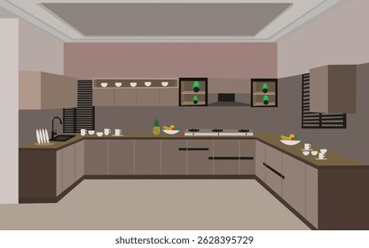 Modern kitchen interior with utensils, fruits, and a gas stove on a countertop