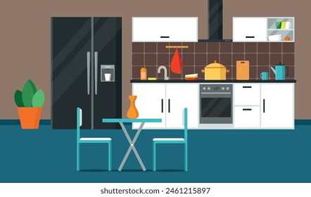 The modern kitchen interior. Various furniture and kitchen appliances.
