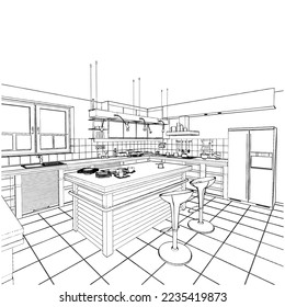 Modern Kitchen Interior Vector 20. Isolated Illustration On White Background. A vector illustration Of A Kitchen.