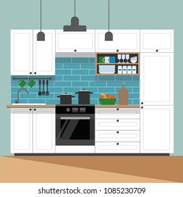 Modern kitchen interior - vector illustration in flat style