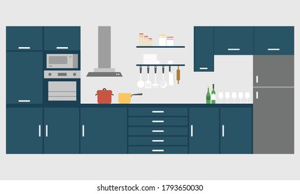 Modern kitchen interior vector illustration. Cartoon flat background design of kitchen furniture and appliances refrigerator or cupboard.