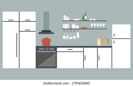Modern kitchen interior vector illustration. Cartoon flat background design of kitchen furniture and appliances refrigerator or cupboard.